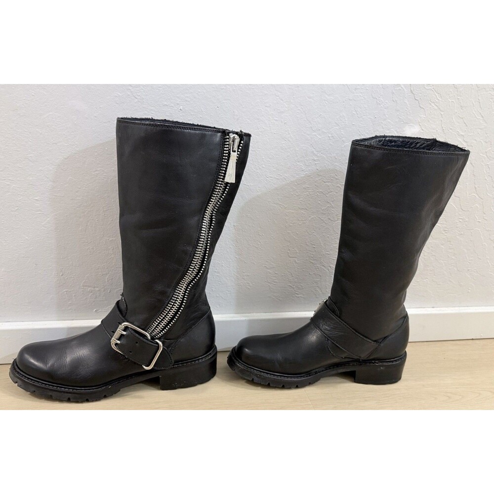 Frye Samantha Zip Tall Black Leather Moto Boots Size 7B Buckle Lug Soles - Picture 5 of 7
